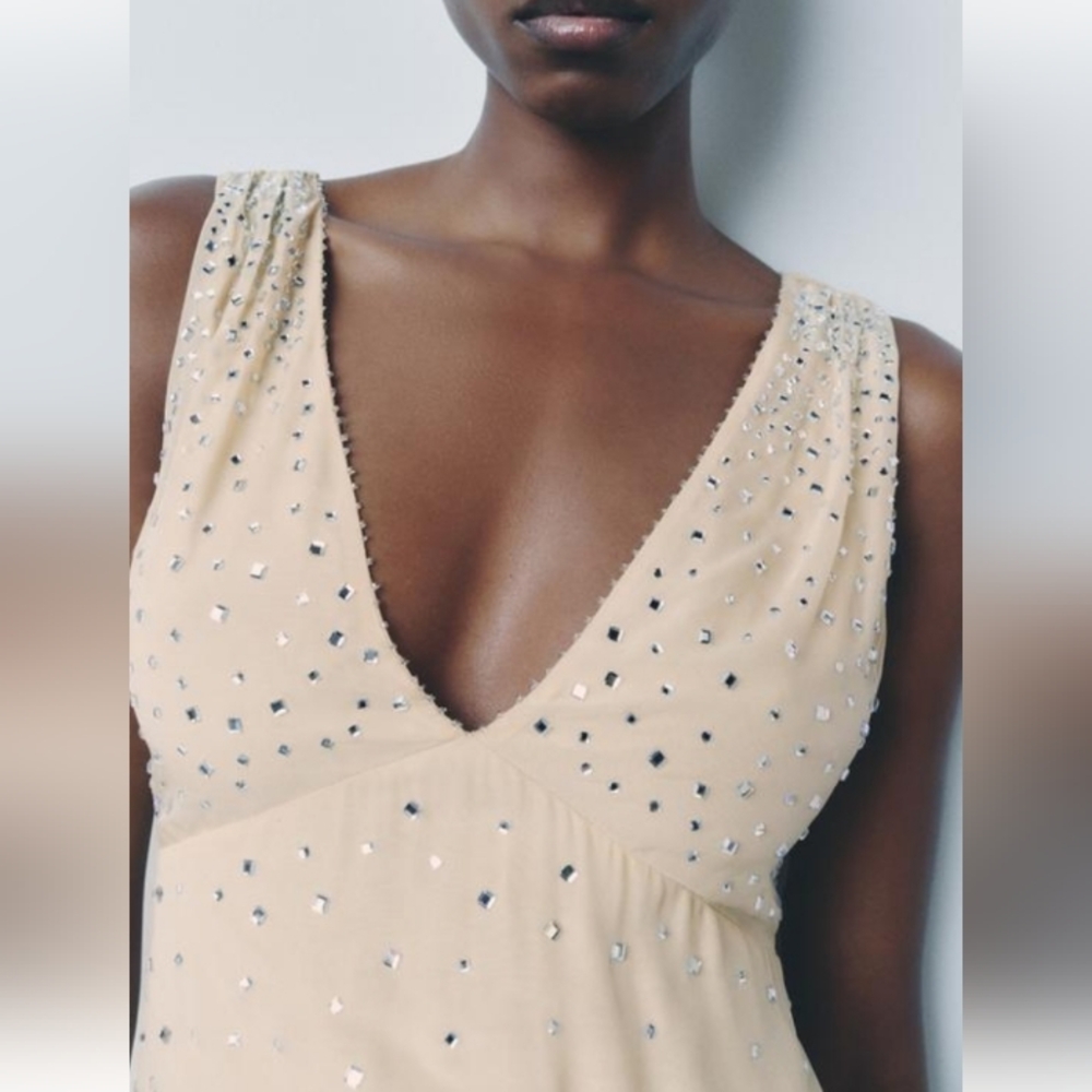 Zara ZW Collection Sparkly Rhinestones Cream Sleeveless Mini Dress Sz-L - Picture 2 of 9